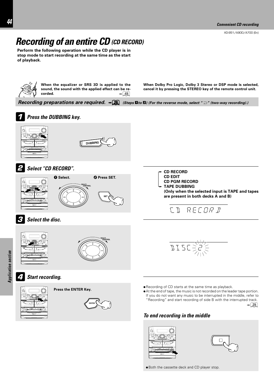 Recording of an entire cd (cd record), Recording of an entire cd, 2c i d s | Cd record) | Kenwood XD-A900 User Manual | Page 44 / 68