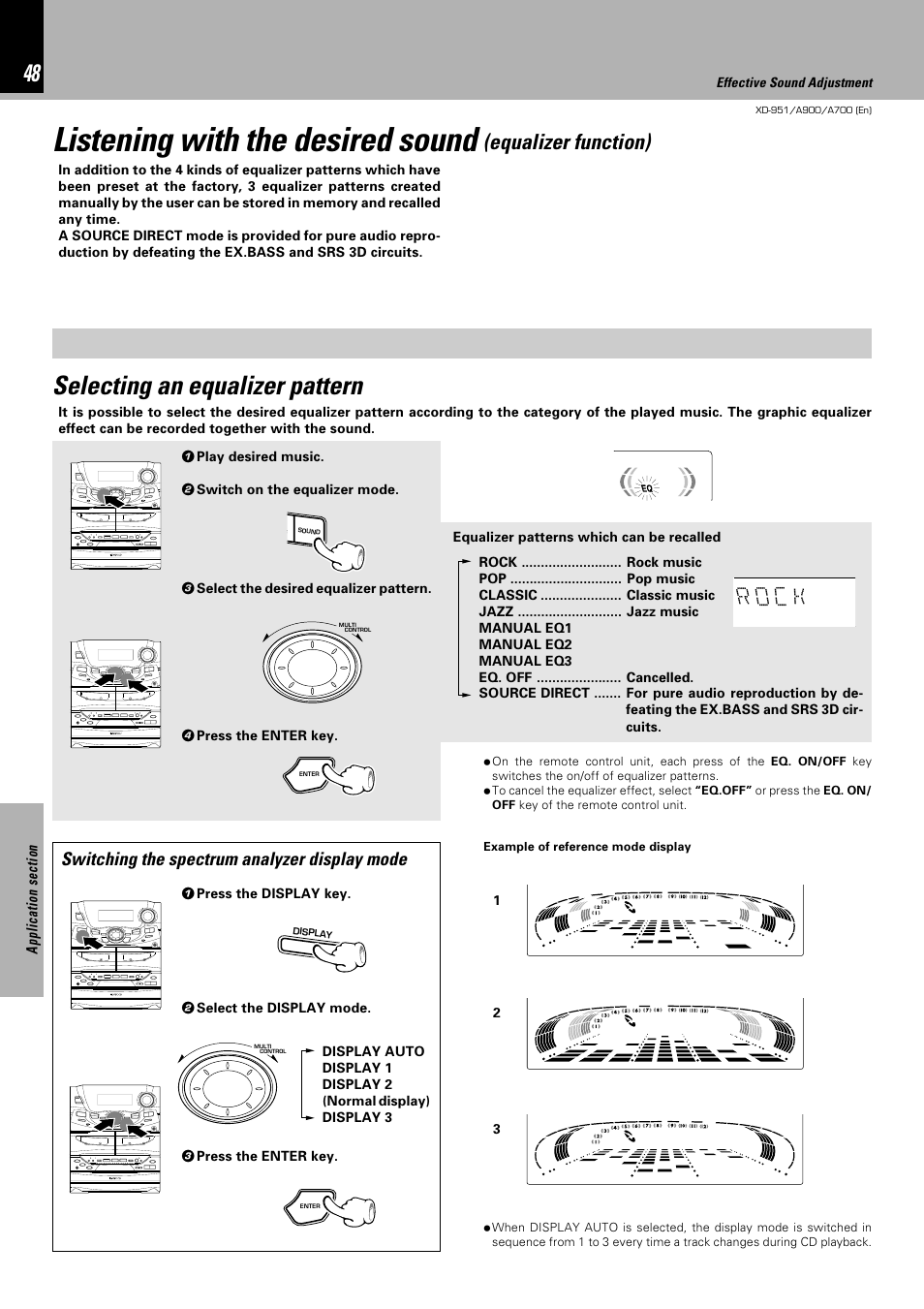 Listening with the desired sound, Selecting an equalizer pattern, Kc o r | Equalizer function), Switching the spectrum analyzer display mode | Kenwood XD-A900 User Manual | Page 48 / 68