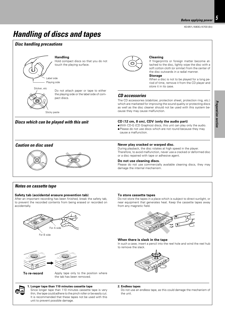Handling of discs and tapes, Discs which can be played with this unit, Disc handling precautions cd accessories | Caution on disc used | Kenwood XD-A900 User Manual | Page 5 / 68