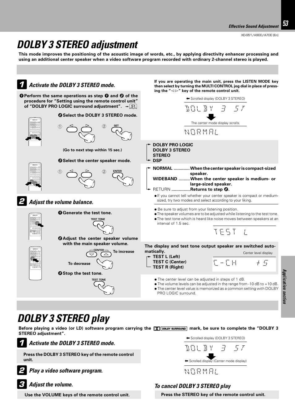 Dolby 3 stereo adjustment, Dolby 3 stereo play | Kenwood XD-A900 User Manual | Page 53 / 68