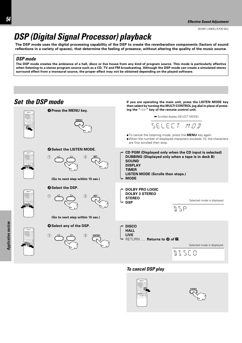 Dsp (digital signal processor) playback, Set the dsp mode, O4 p s d | Oc s i d | Kenwood XD-A900 User Manual | Page 54 / 68