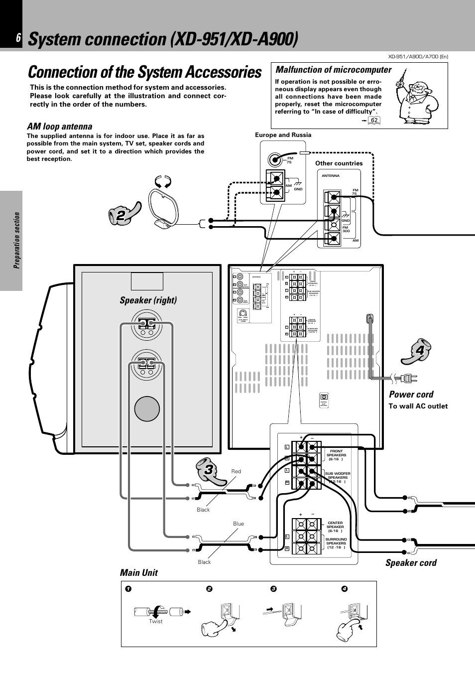 System connection (xd-951/xd-a900), Connection of the system accessories, Am loop antenna | Power cord main unit speaker cord, Speaker (right), Malfunction of microcomputer, Europe and russia other countries | Kenwood XD-A900 User Manual | Page 6 / 68