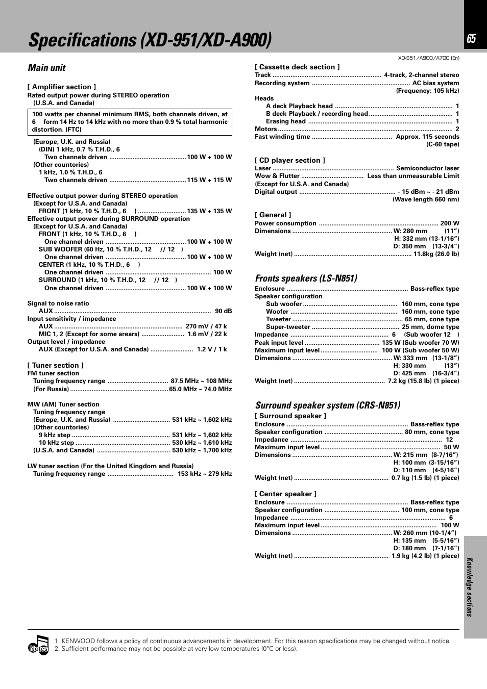 Specifications (xd-951/xd-a900), Main unit, Fronts speakers (ls-n851) | Surround speaker system (crs-n851) | Kenwood XD-A900 User Manual | Page 65 / 68