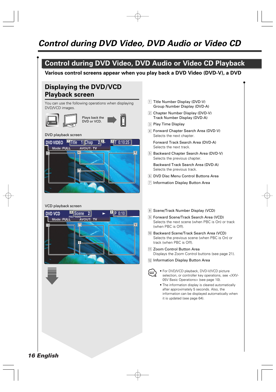 Control during dvd video, dvd audio or video cd, Displaying the dvd/vcd playback screen, 16 english | Kenwood XXV-05V User Manual | Page 16 / 104