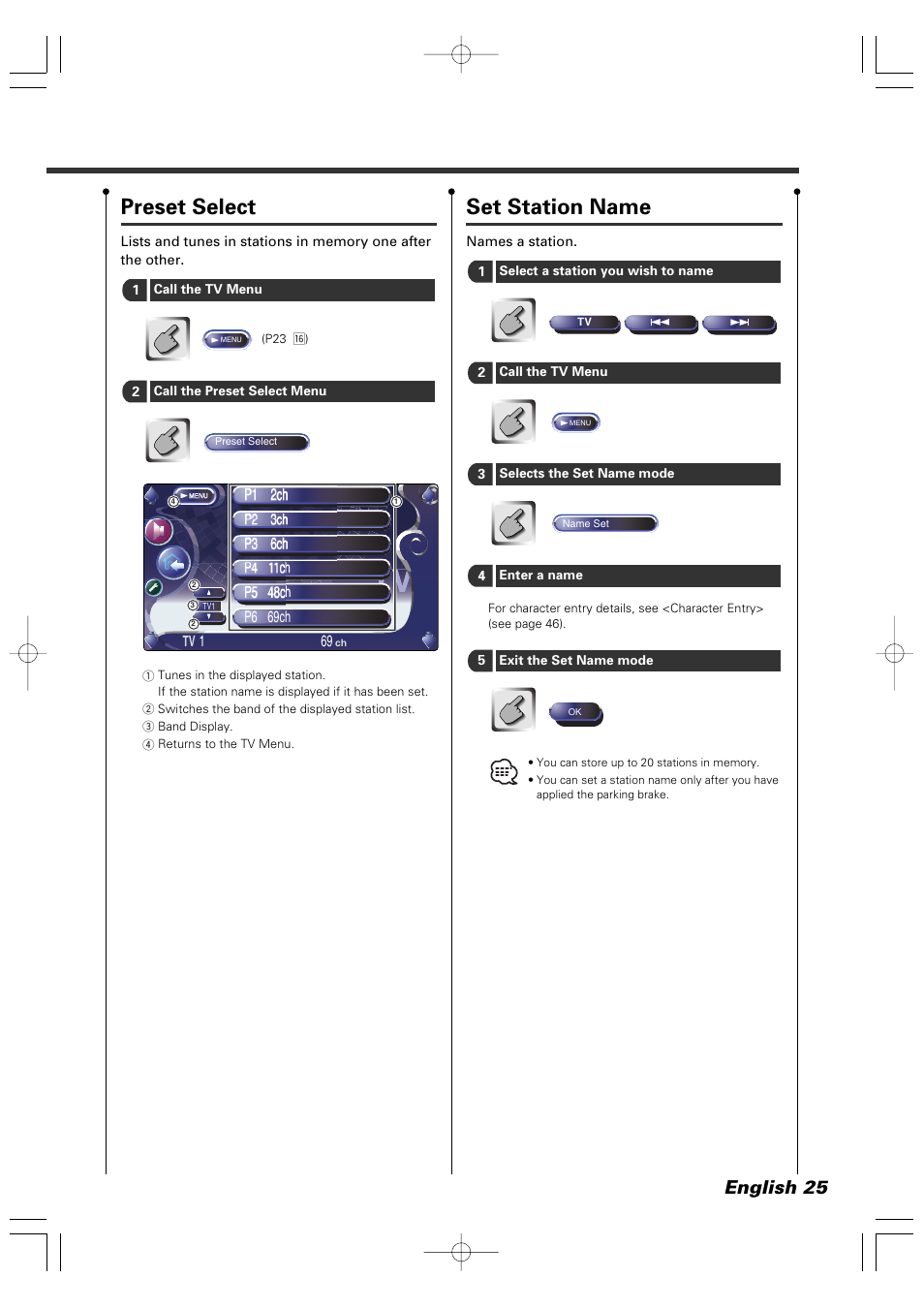 Preset select, Set station name, English 25 | Kenwood XXV-05V User Manual | Page 25 / 104