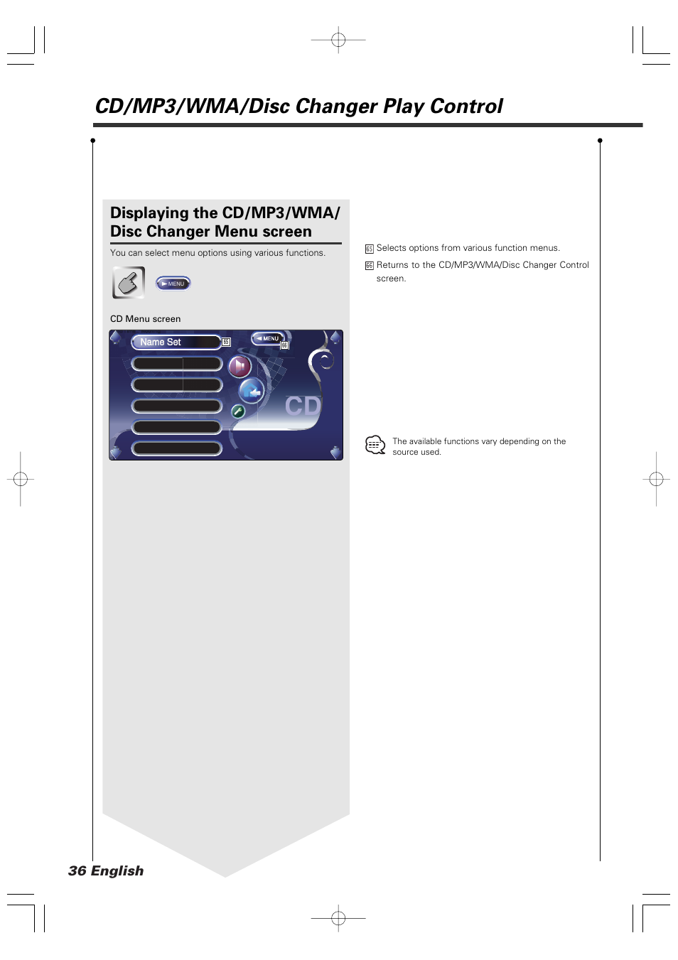 Cd/mp3/wma/disc changer play control, 36 english | Kenwood XXV-05V User Manual | Page 36 / 104