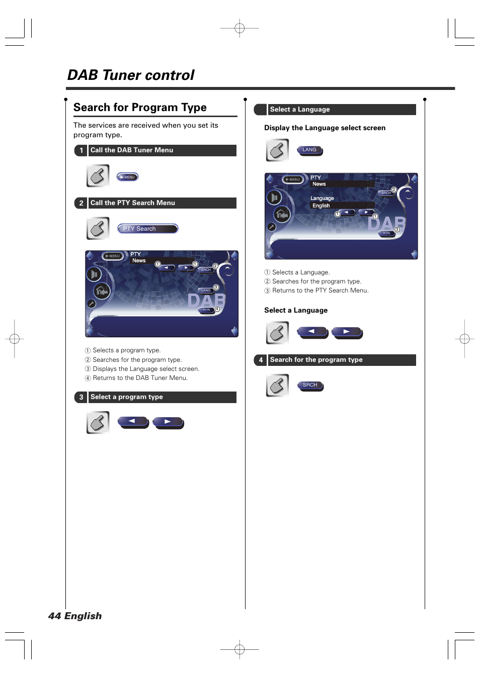 Dab tuner control, Search for program type, 44 english | Kenwood XXV-05V User Manual | Page 44 / 104