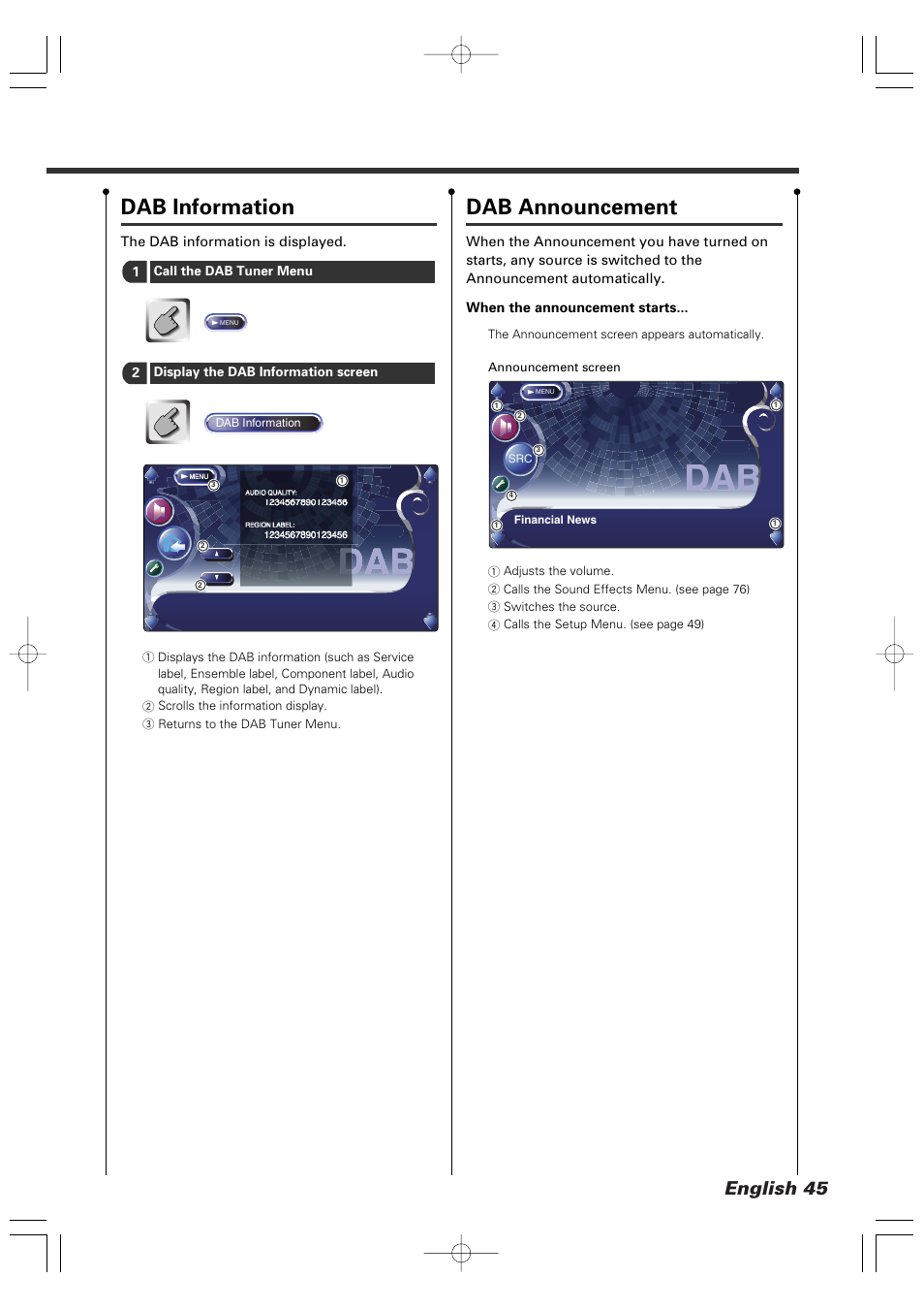 Dab announcement, Dab information, English 45 | Kenwood XXV-05V User Manual | Page 45 / 104