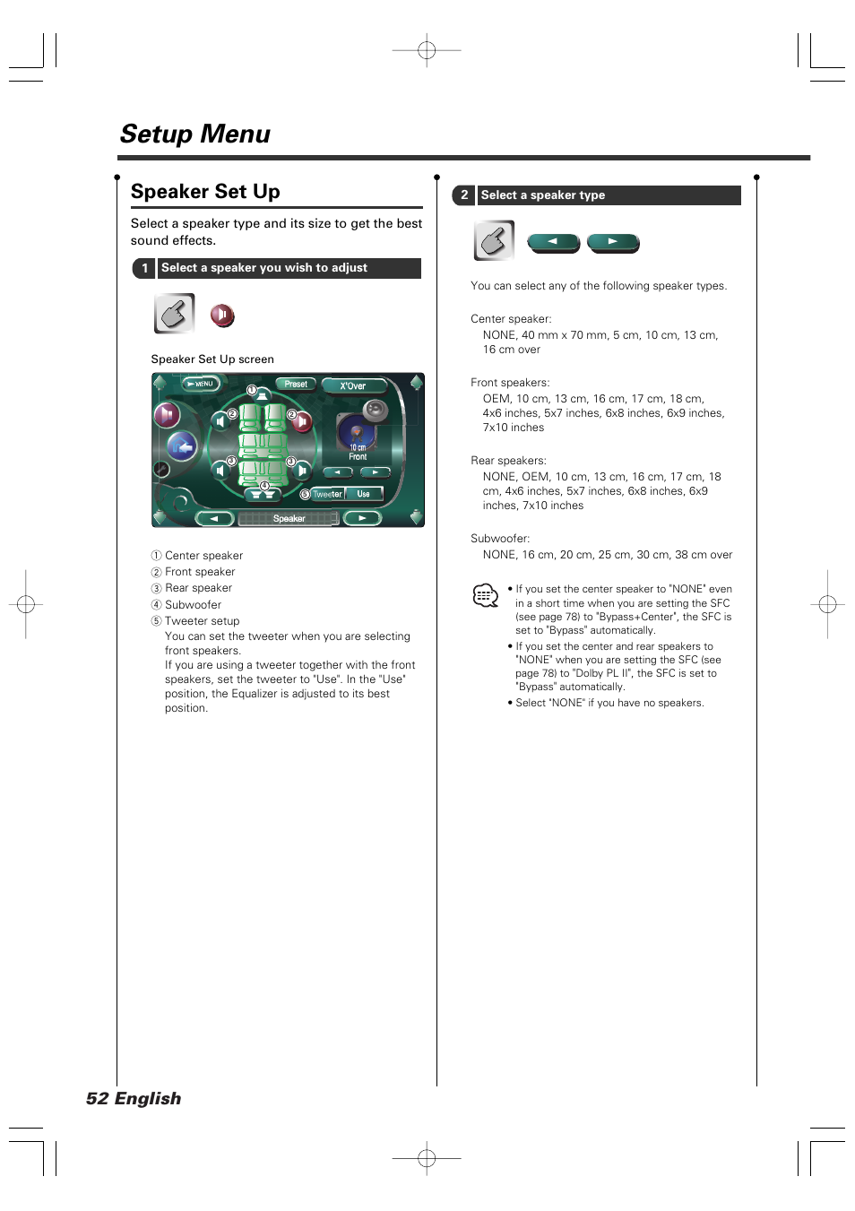 Setup menu, Speaker set up, 52 english | Kenwood XXV-05V User Manual | Page 52 / 104