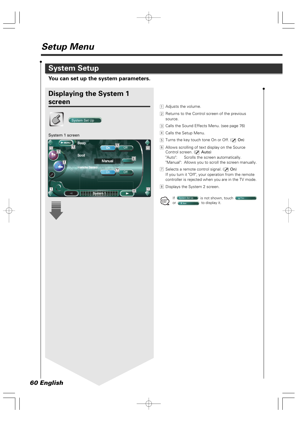 Setup menu, System setup, Displaying the system 1 screen | 60 english, You can set up the system parameters | Kenwood XXV-05V User Manual | Page 60 / 104