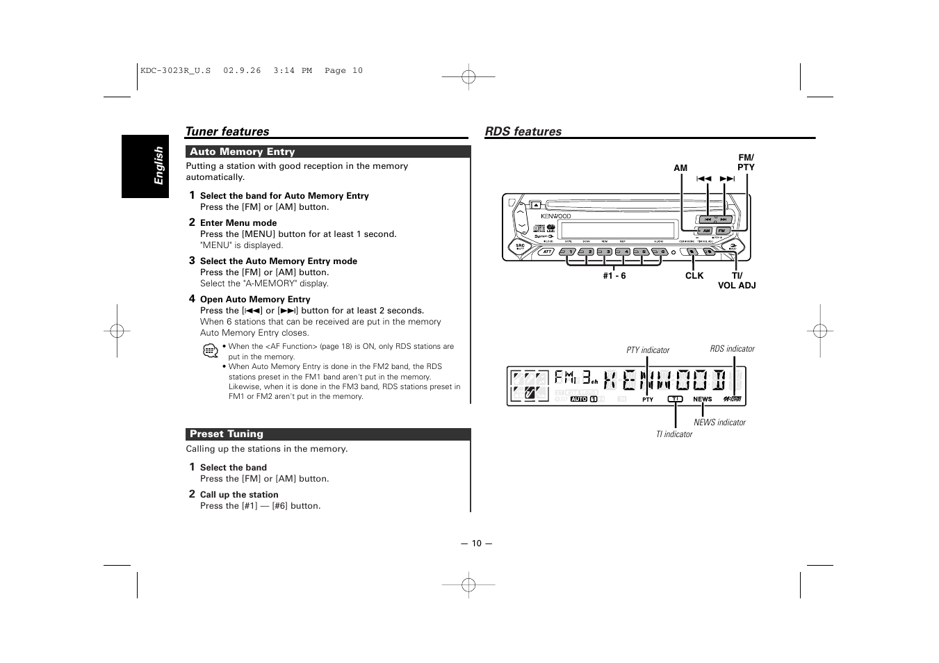 Rds features | Kenwood KDC-3023R User Manual | Page 10 / 26