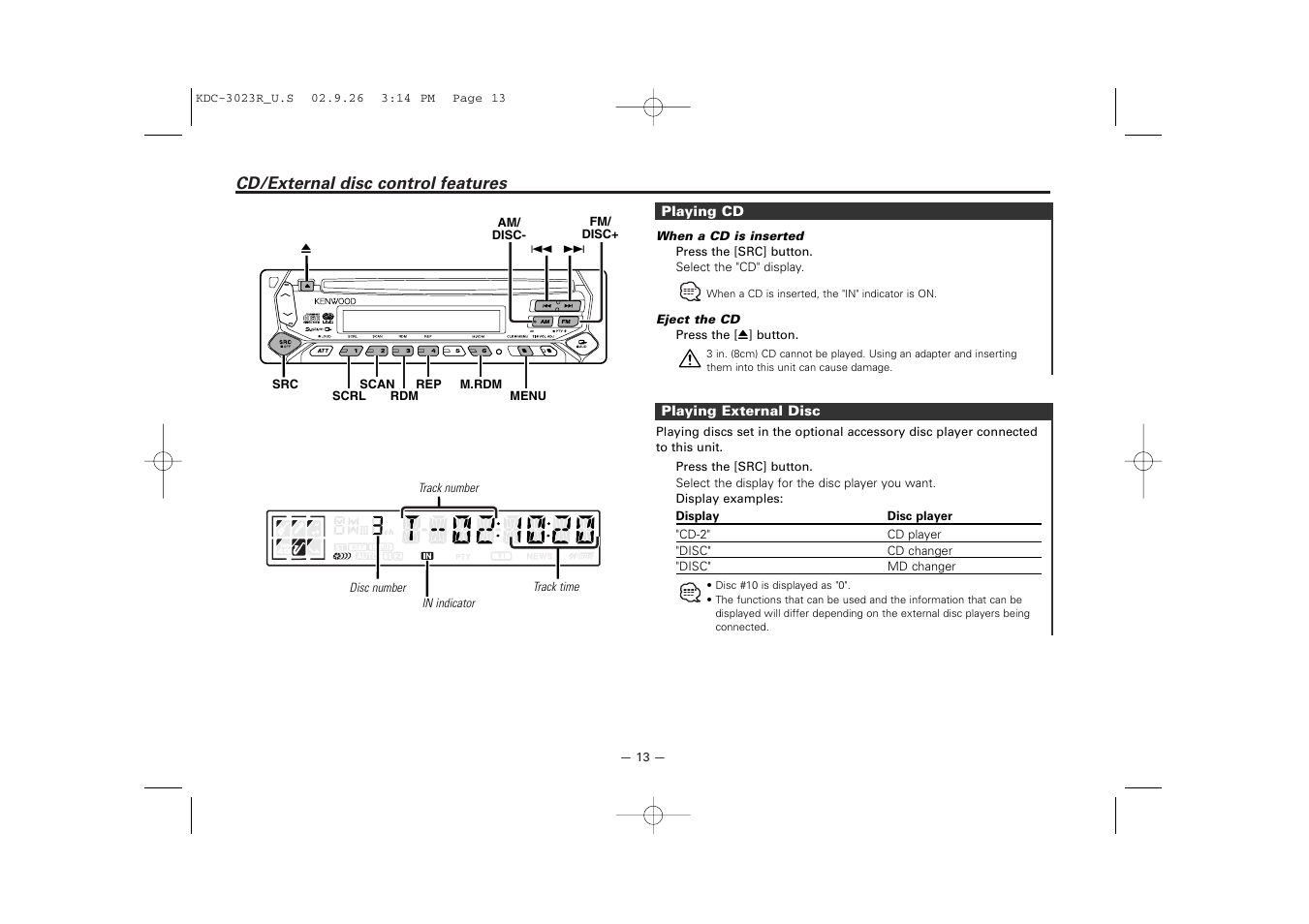 Cd/external disc control features | Kenwood KDC-3023R User Manual | Page 13 / 26