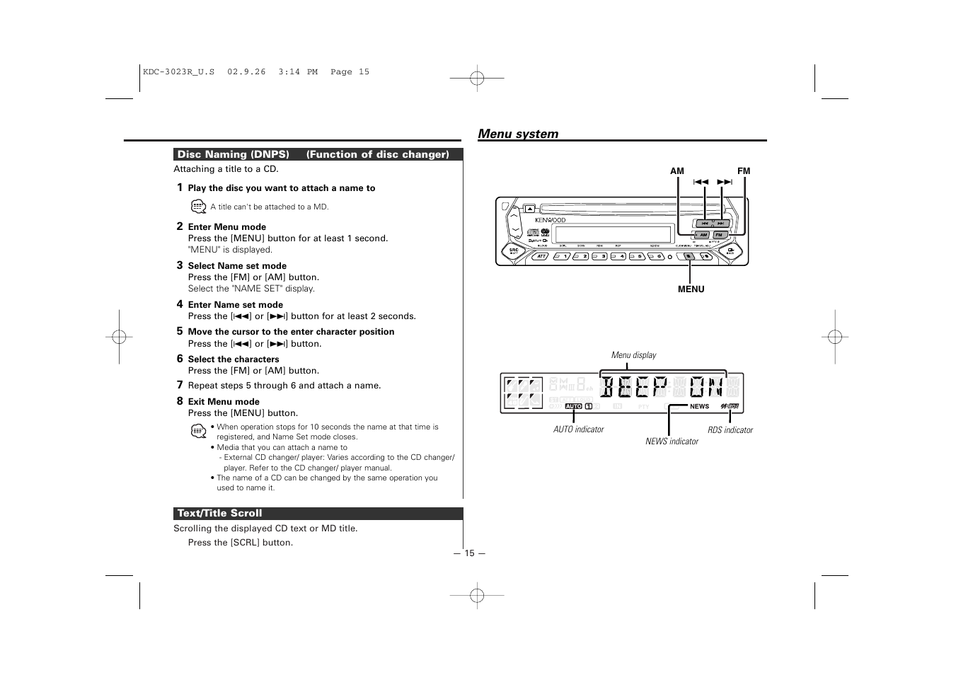 Menu system | Kenwood KDC-3023R User Manual | Page 15 / 26