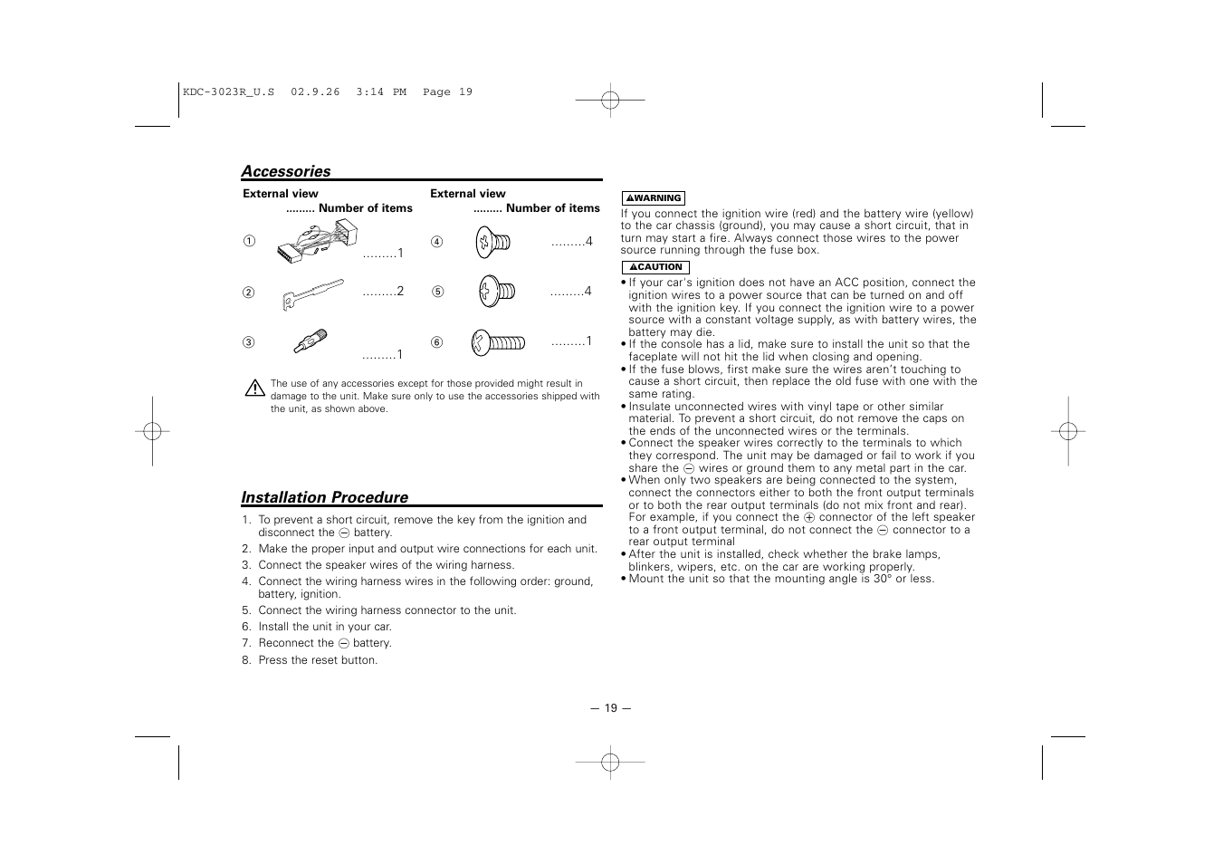 Accessories, Installation procedure | Kenwood KDC-3023R User Manual | Page 19 / 26