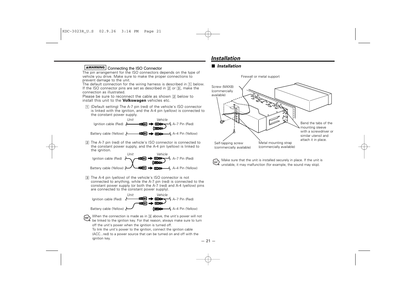 Installation | Kenwood KDC-3023R User Manual | Page 21 / 26