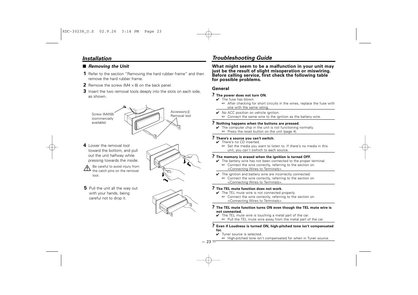 Troubleshooting guide, Installation troubleshooting guide | Kenwood KDC-3023R User Manual | Page 23 / 26