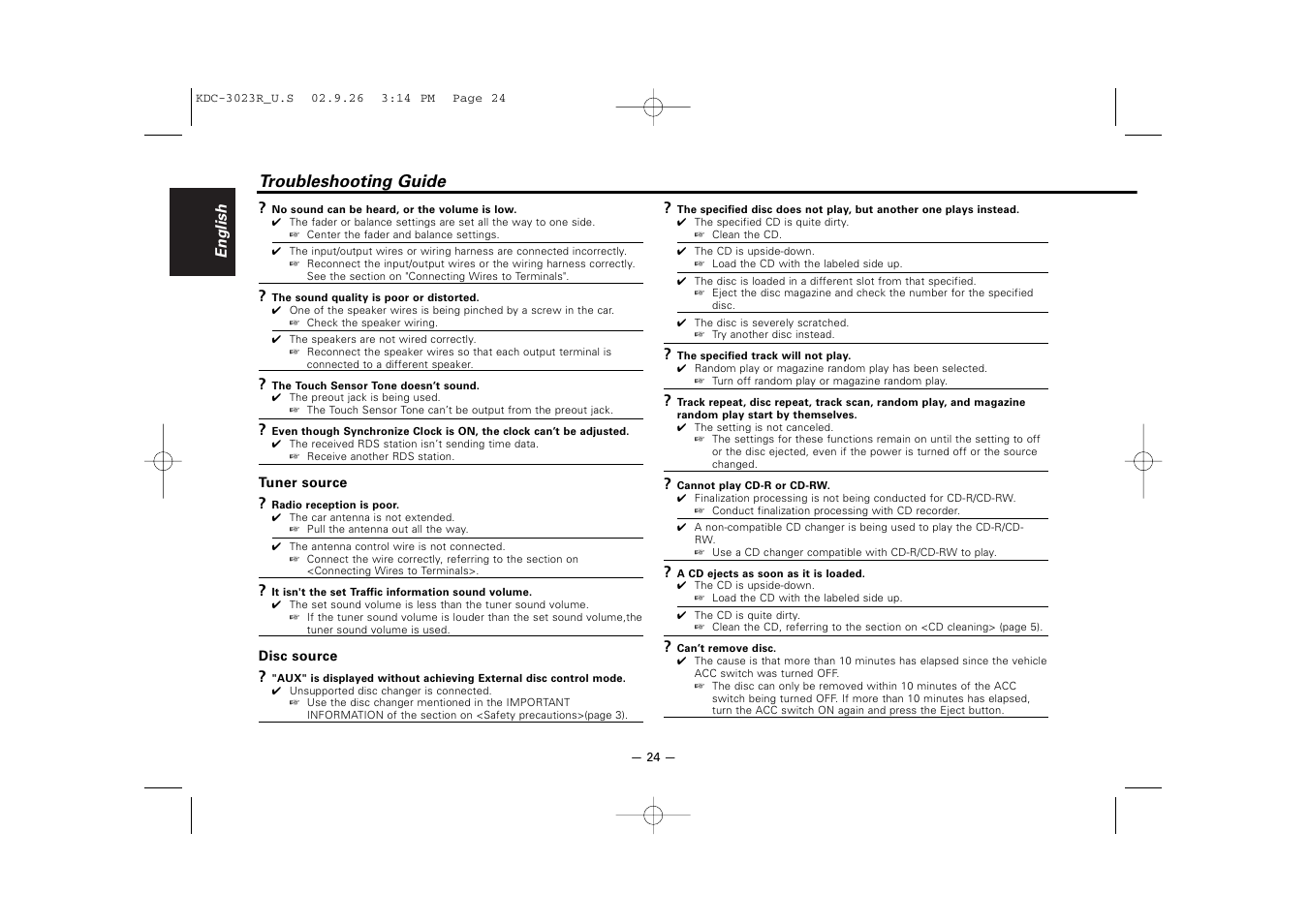 Troubleshooting guide | Kenwood KDC-3023R User Manual | Page 24 / 26