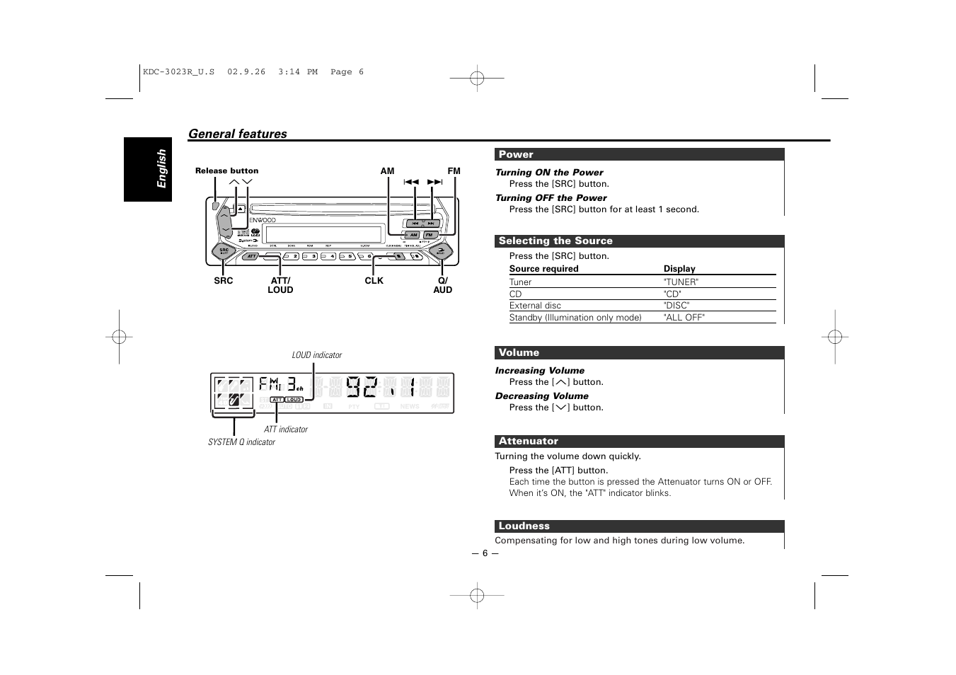 General features | Kenwood KDC-3023R User Manual | Page 6 / 26