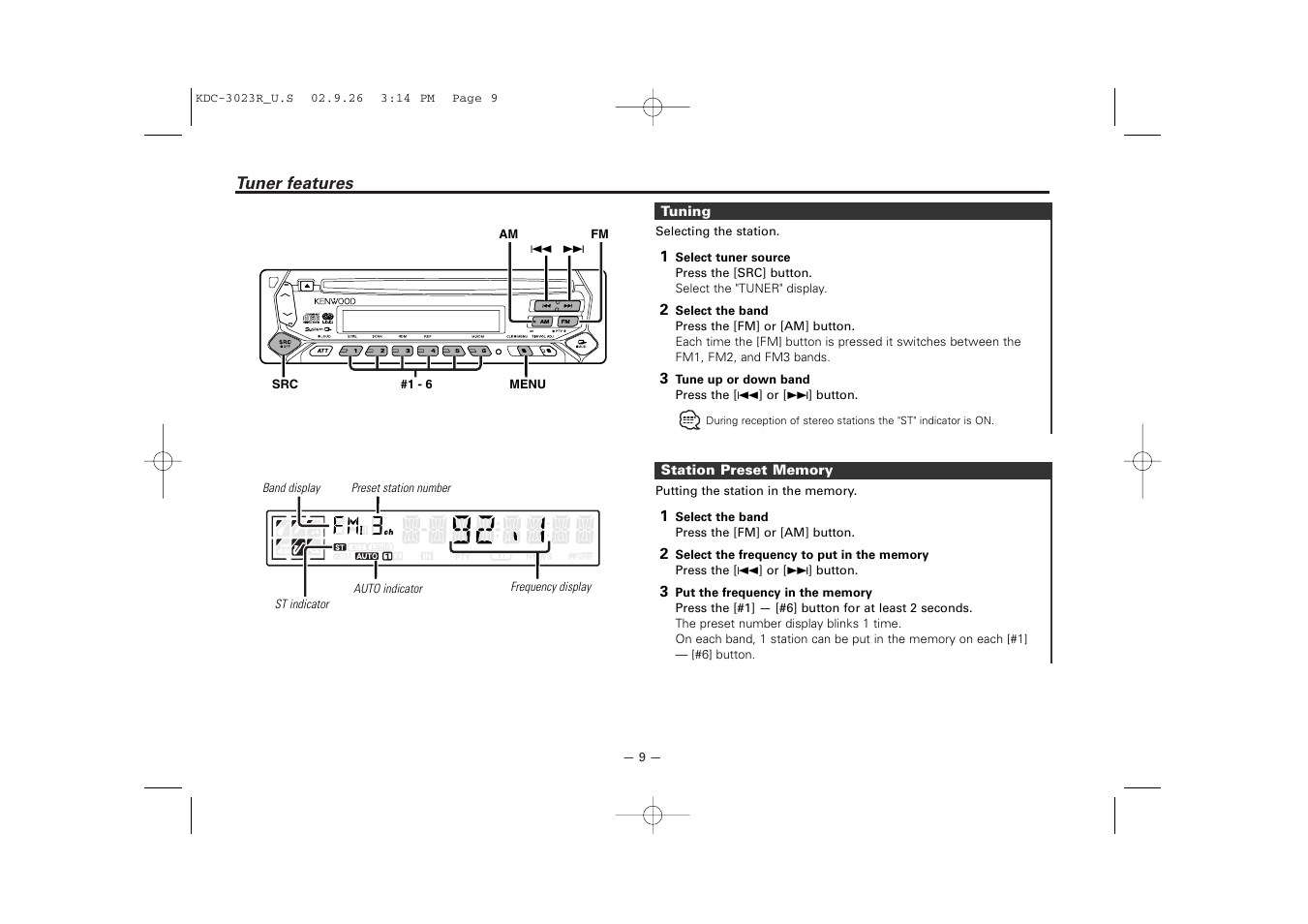 Tuner features | Kenwood KDC-3023R User Manual | Page 9 / 26