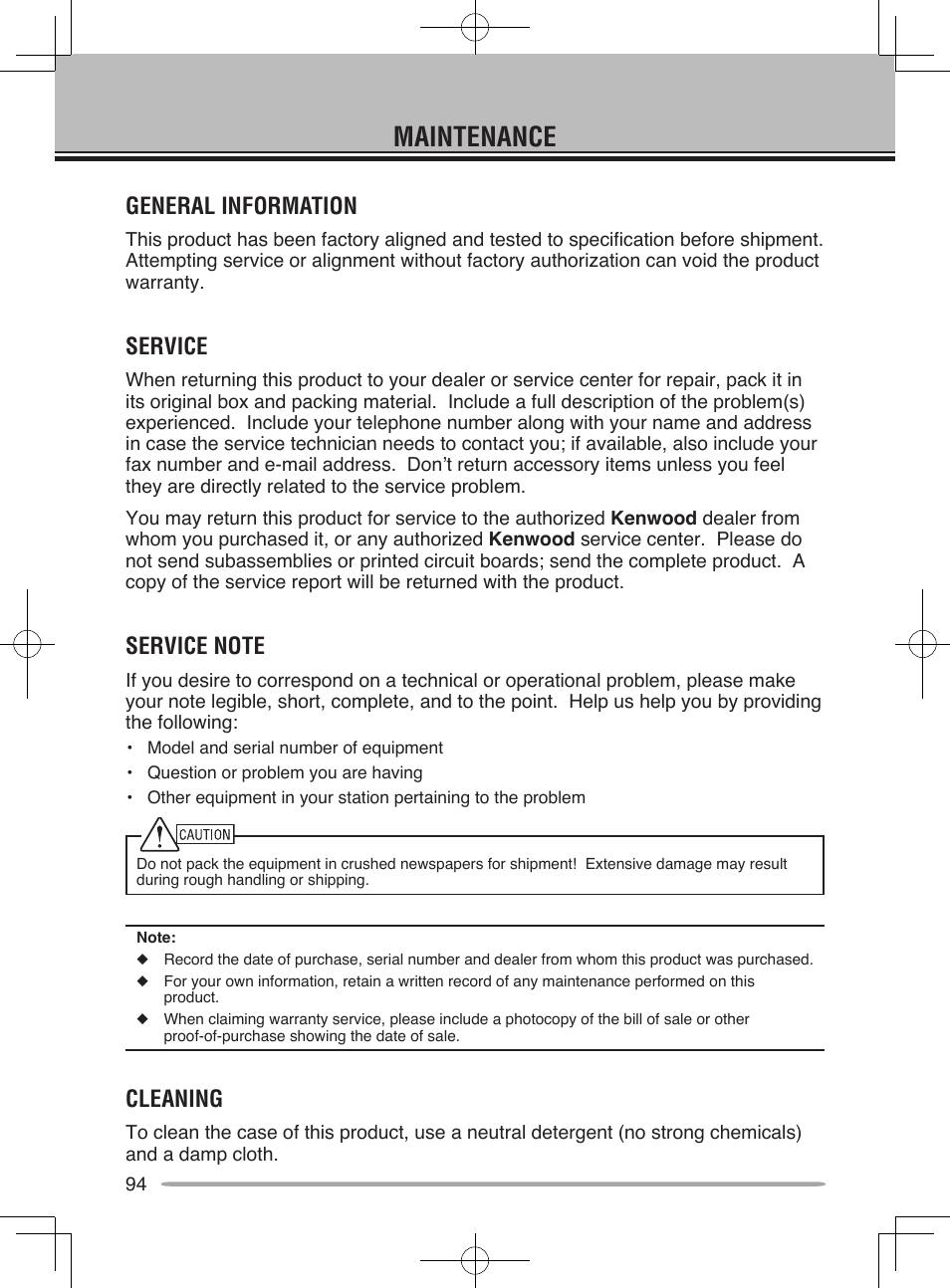 Maintenance, General information, Service | Cleaning | Kenwood TM-V71E User Manual | Page 102 / 107