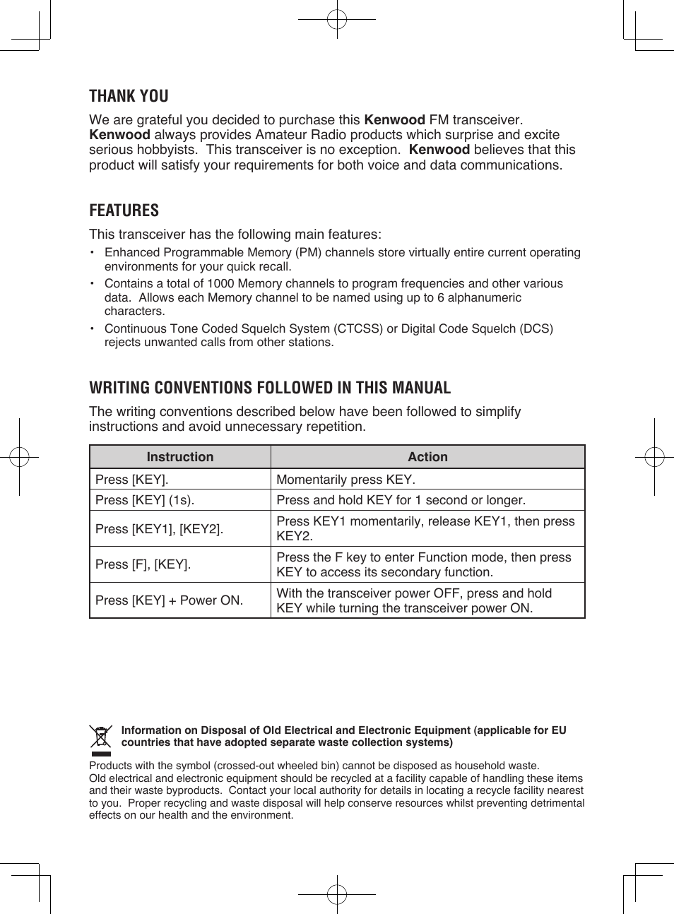 Features, Writing conventions followed in this manual | Kenwood TM-V71E User Manual | Page 2 / 107