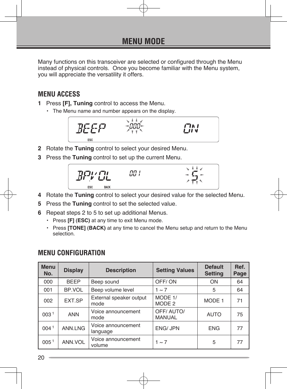 Menu mode, Menu access, Menu configuration | Kenwood TM-V71E User Manual | Page 28 / 107
