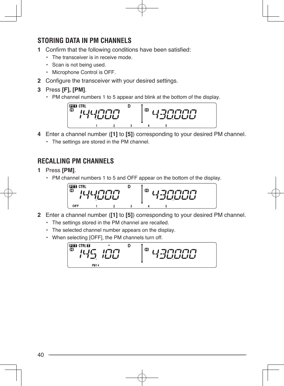 Storing data in pm channels, Recalling pm channels | Kenwood TM-V71E User Manual | Page 48 / 107