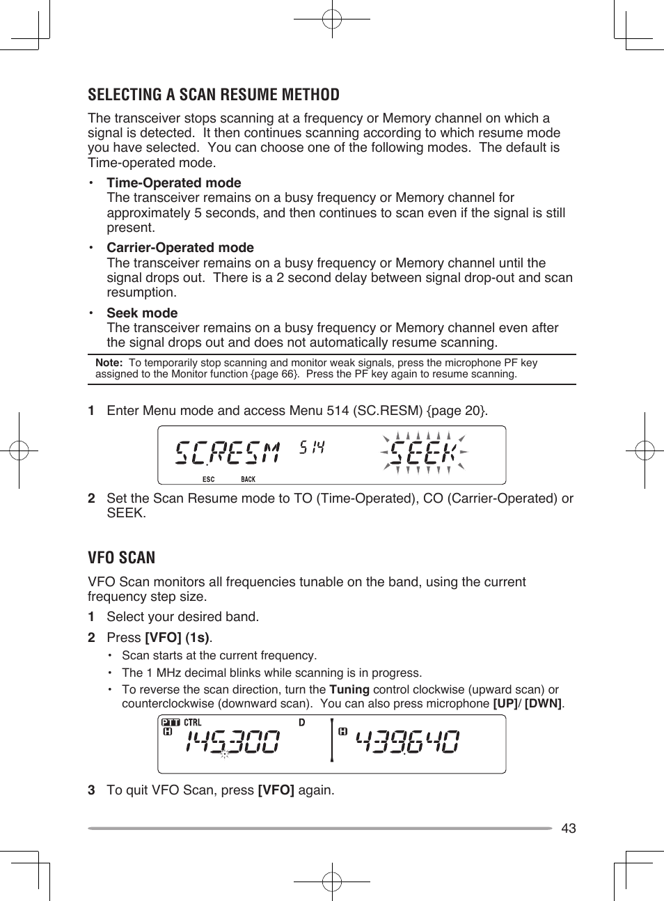 Selecting a scan resume method, Vfo scan | Kenwood TM-V71E User Manual | Page 51 / 107