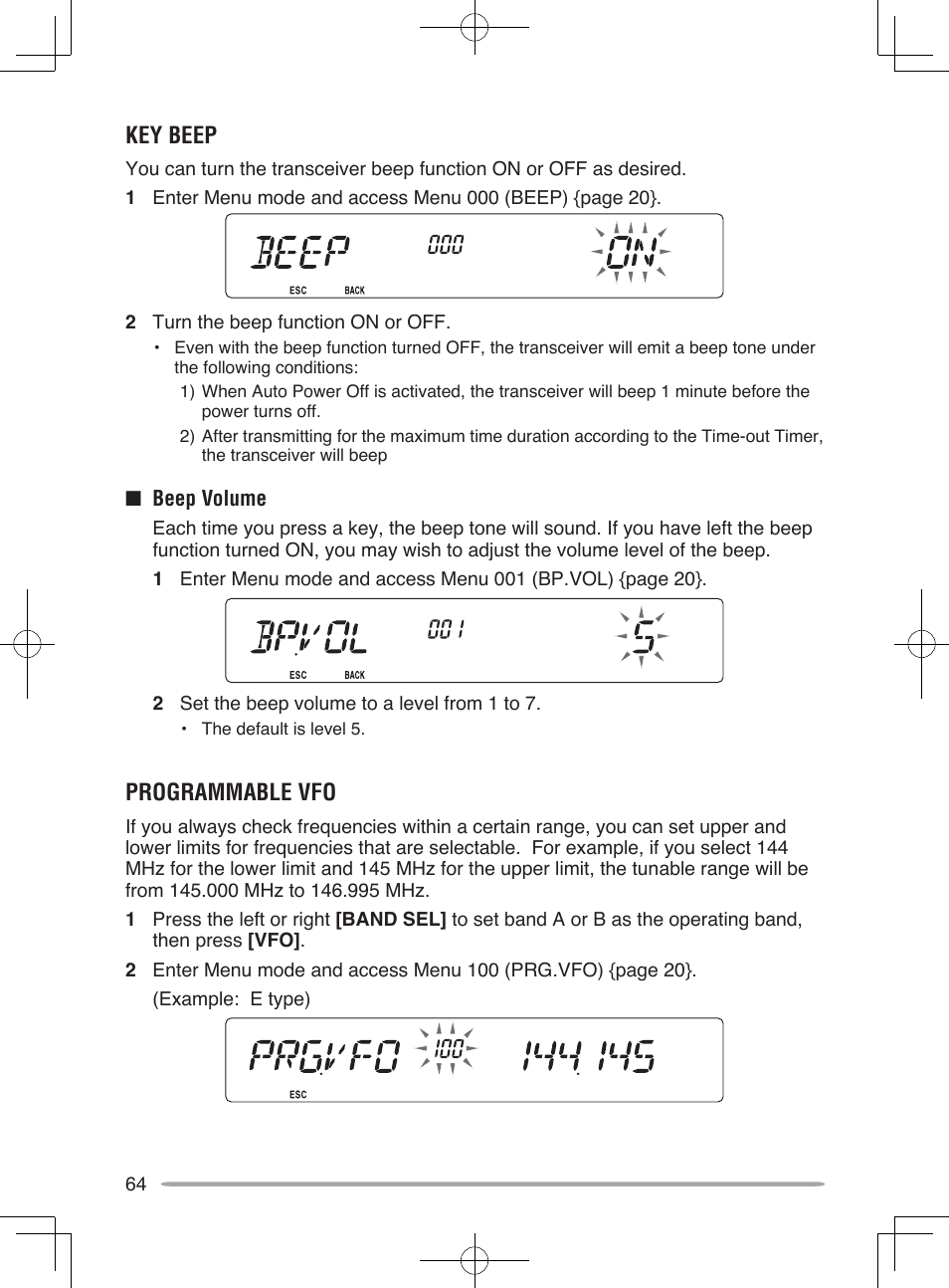 Key beep, Programmable vfo | Kenwood TM-V71E User Manual | Page 72 / 107