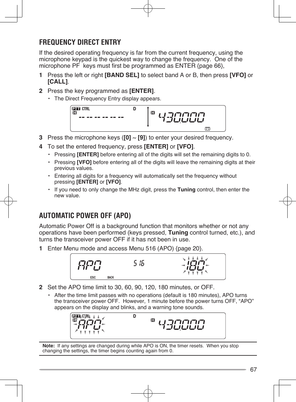 Frequency direct entry, Automatic power off (apo) | Kenwood TM-V71E User Manual | Page 75 / 107