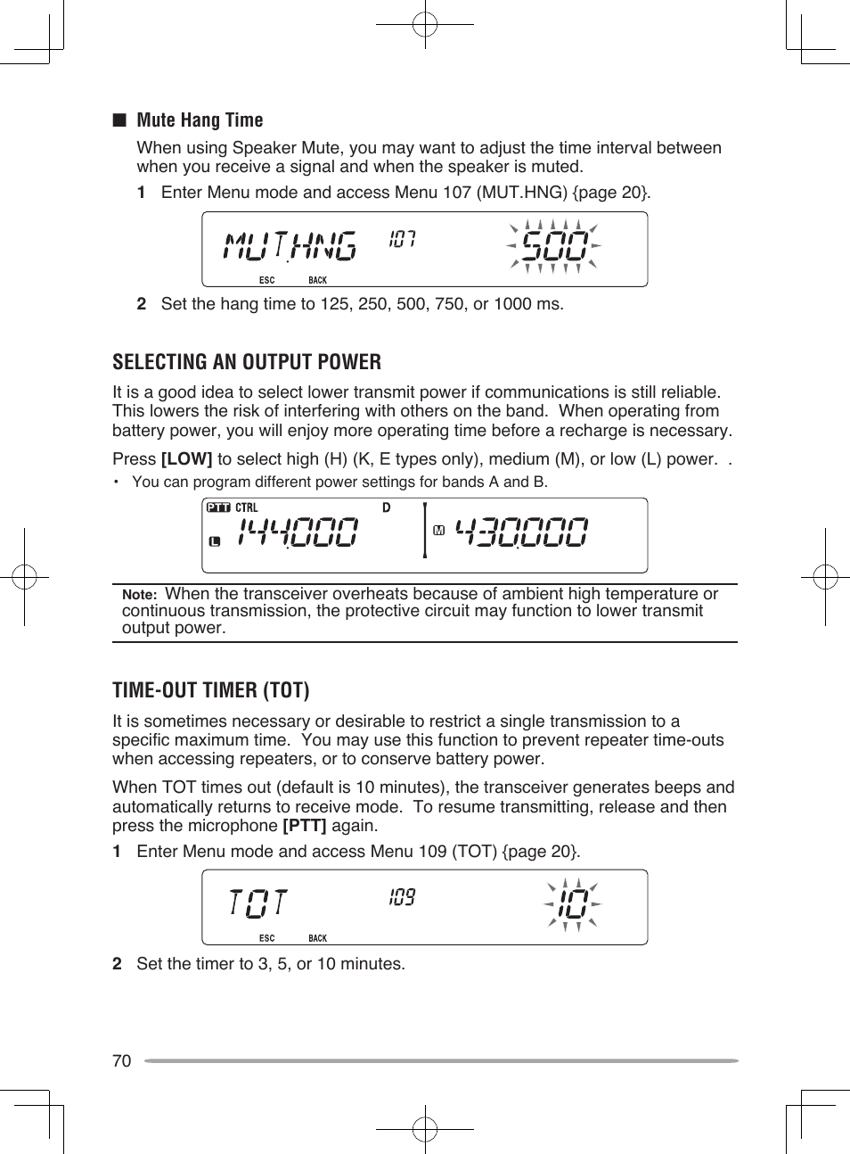 Selecting an output power, Time-out timer (tot) | Kenwood TM-V71E User Manual | Page 78 / 107
