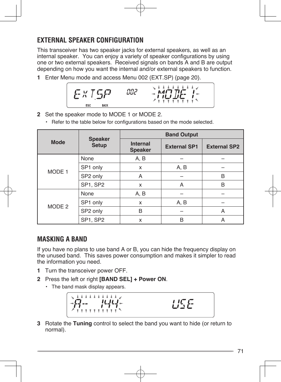 External speaker configuration, Masking a band | Kenwood TM-V71E User Manual | Page 79 / 107