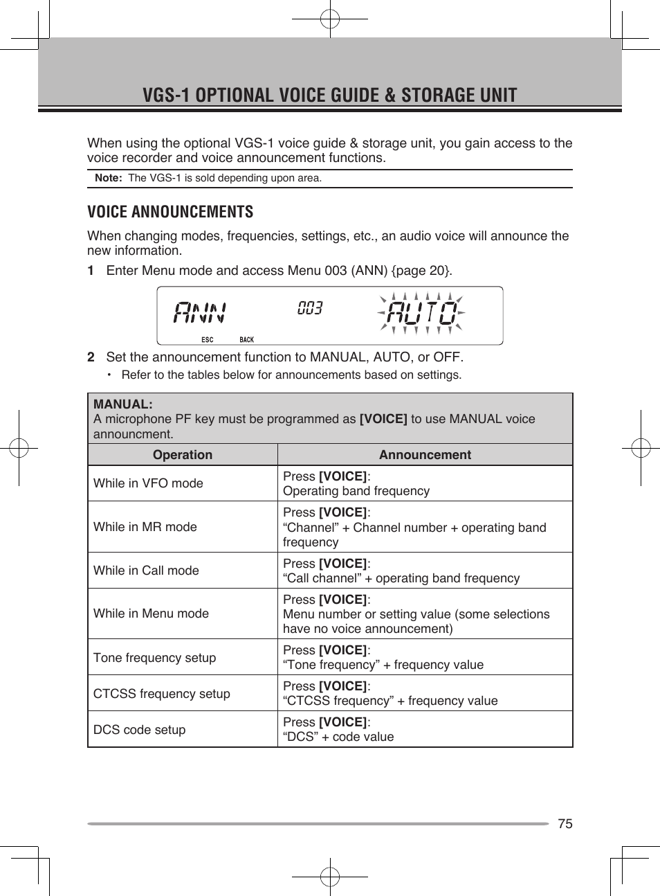 Vgs-1 optional voice guide & storage unit, Voice announcements | Kenwood TM-V71E User Manual | Page 83 / 107