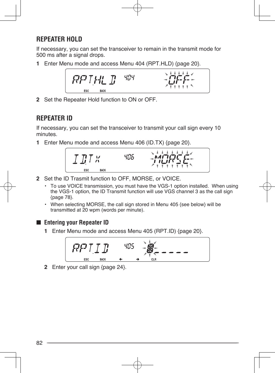 Repeater hold, Repeater id | Kenwood TM-V71E User Manual | Page 90 / 107