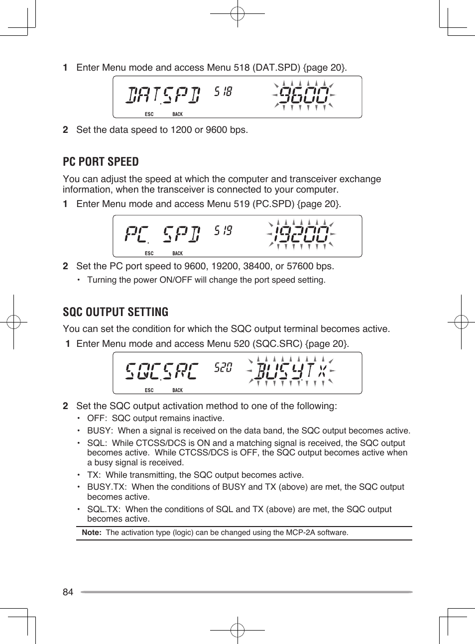 Pc port speed, Sqc output setting | Kenwood TM-V71E User Manual | Page 92 / 107