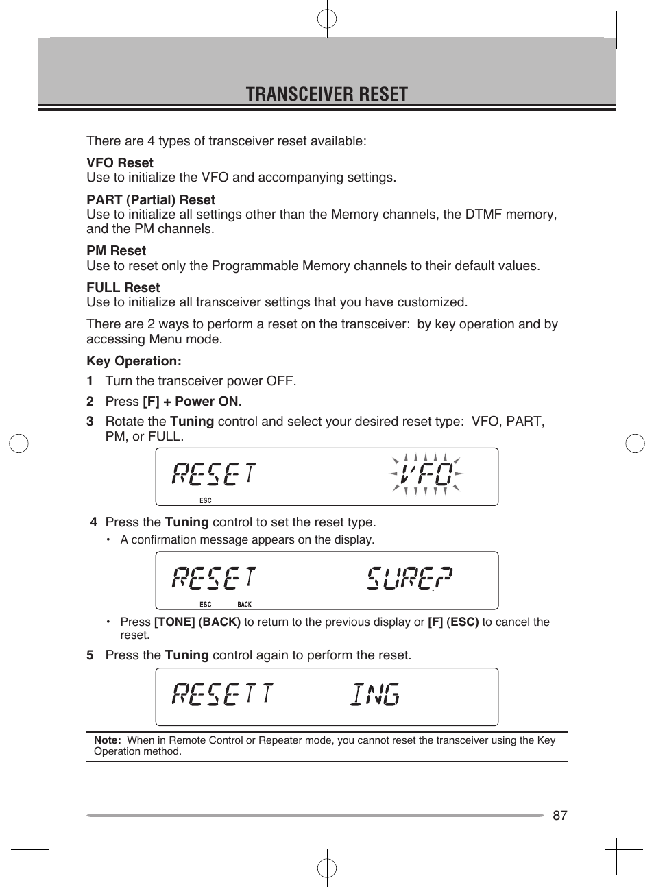 Transceiver reset | Kenwood TM-V71E User Manual | Page 95 / 107
