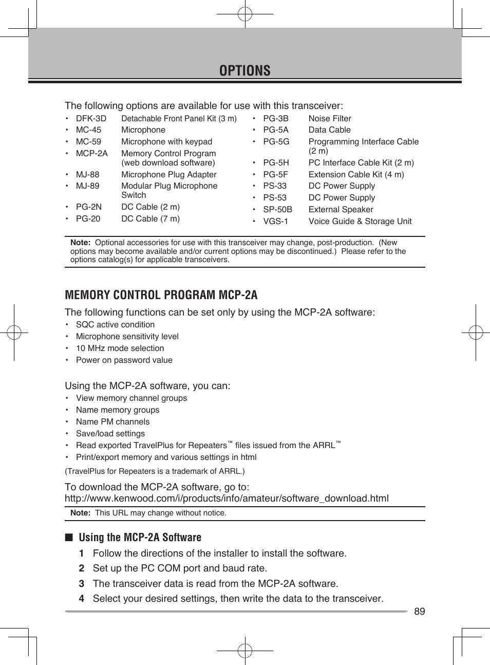 Options, Nusing the mcp-2a software | Kenwood TM-V71E User Manual | Page 97 / 107