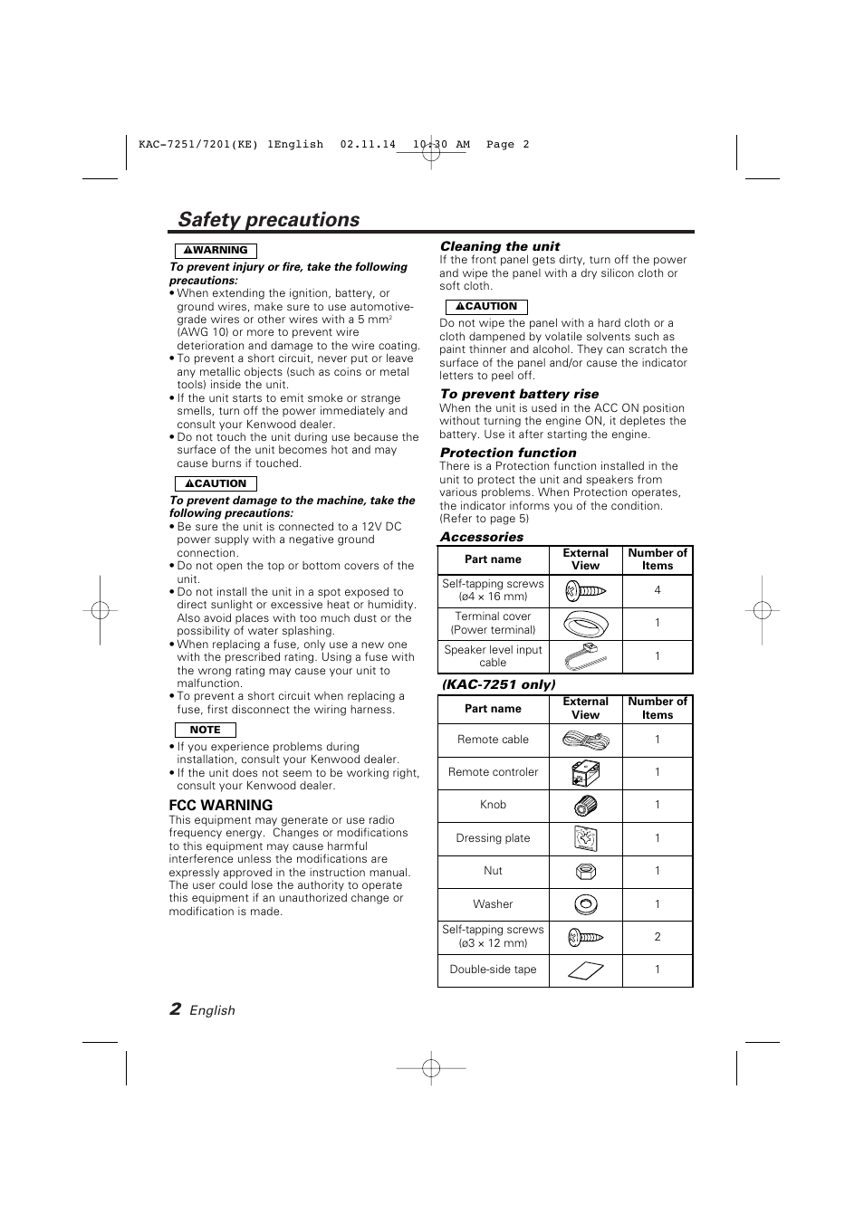 Safety precautions, Fcc warning | Kenwood KAC-7251/7201 User Manual | Page 2 / 40