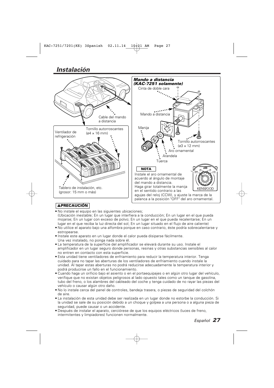 Instalación | Kenwood KAC-7251/7201 User Manual | Page 27 / 40