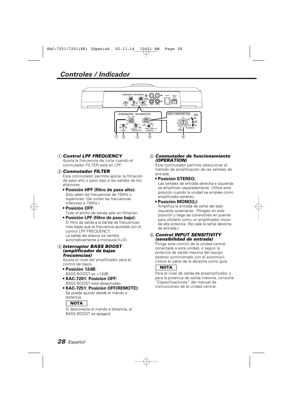 Controles / indicador | Kenwood KAC-7251/7201 User Manual | Page 28 / 40