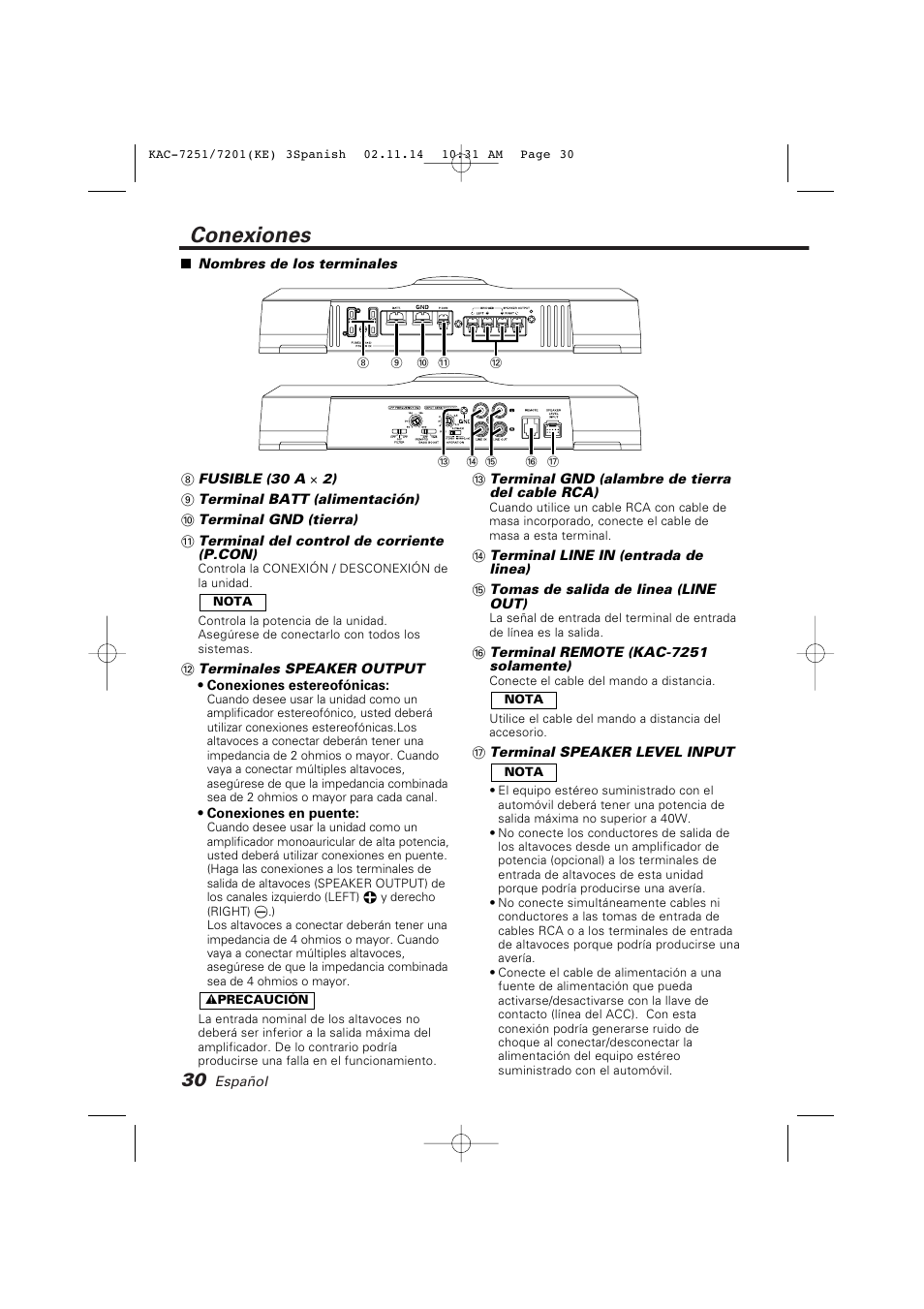 Conexiones | Kenwood KAC-7251/7201 User Manual | Page 30 / 40