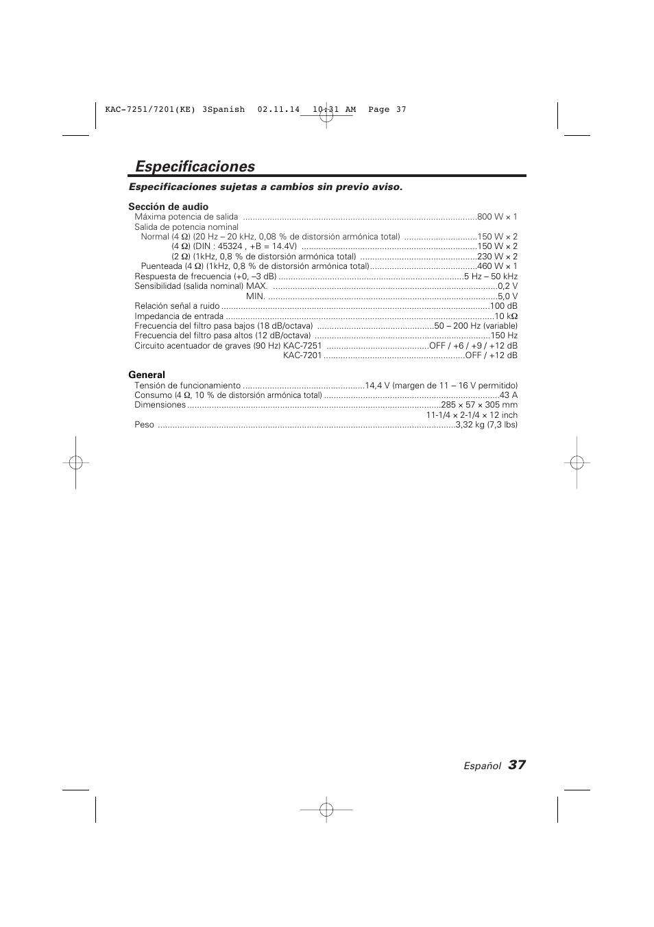 Especificaciones | Kenwood KAC-7251/7201 User Manual | Page 37 / 40