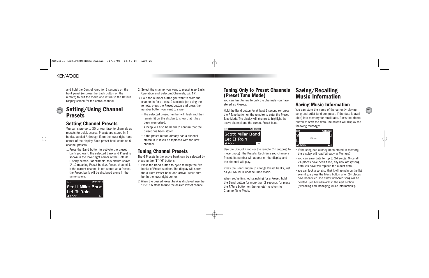 Saving/recalling music information, Setting/using channel presets, Tuning only to preset channels (preset tune mode) | Saving music information, Setting channel presets, Tuning channel presets | Kenwood H2EV User Manual | Page 11 / 17