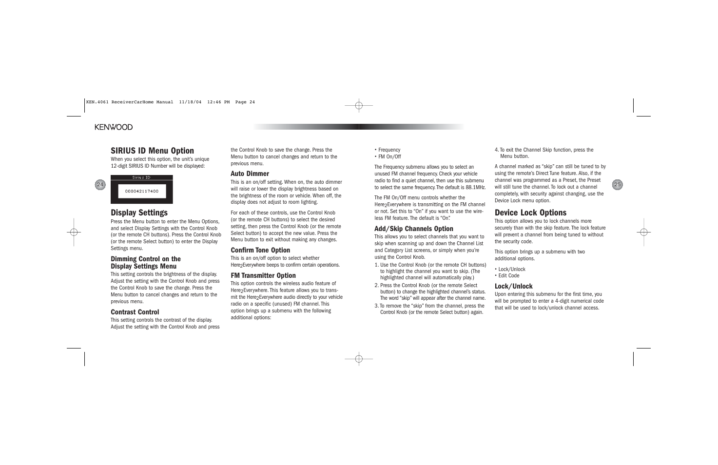 Device lock options, Sirius id menu option, Display settings | Add/skip channels option, Lock/unlock, Dimming control on the display settings menu, Contrast control, Auto dimmer, Confirm tone option, Fm transmitter option | Kenwood H2EV User Manual | Page 13 / 17