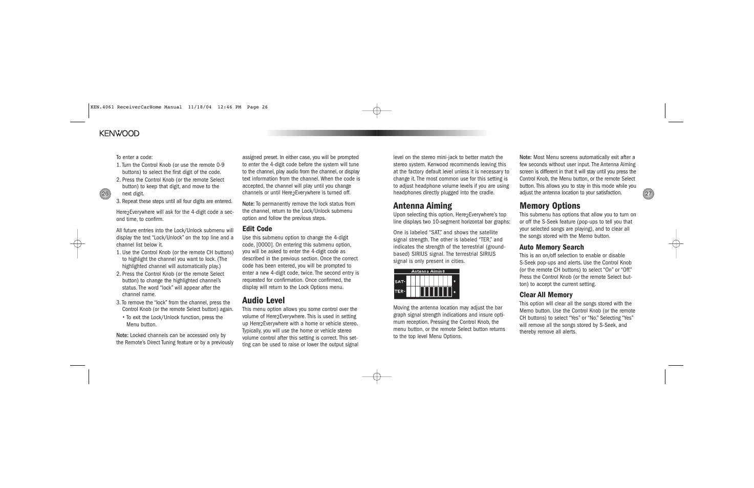 Antenna aiming, Audio level, Edit code | Kenwood H2EV User Manual | Page 14 / 17