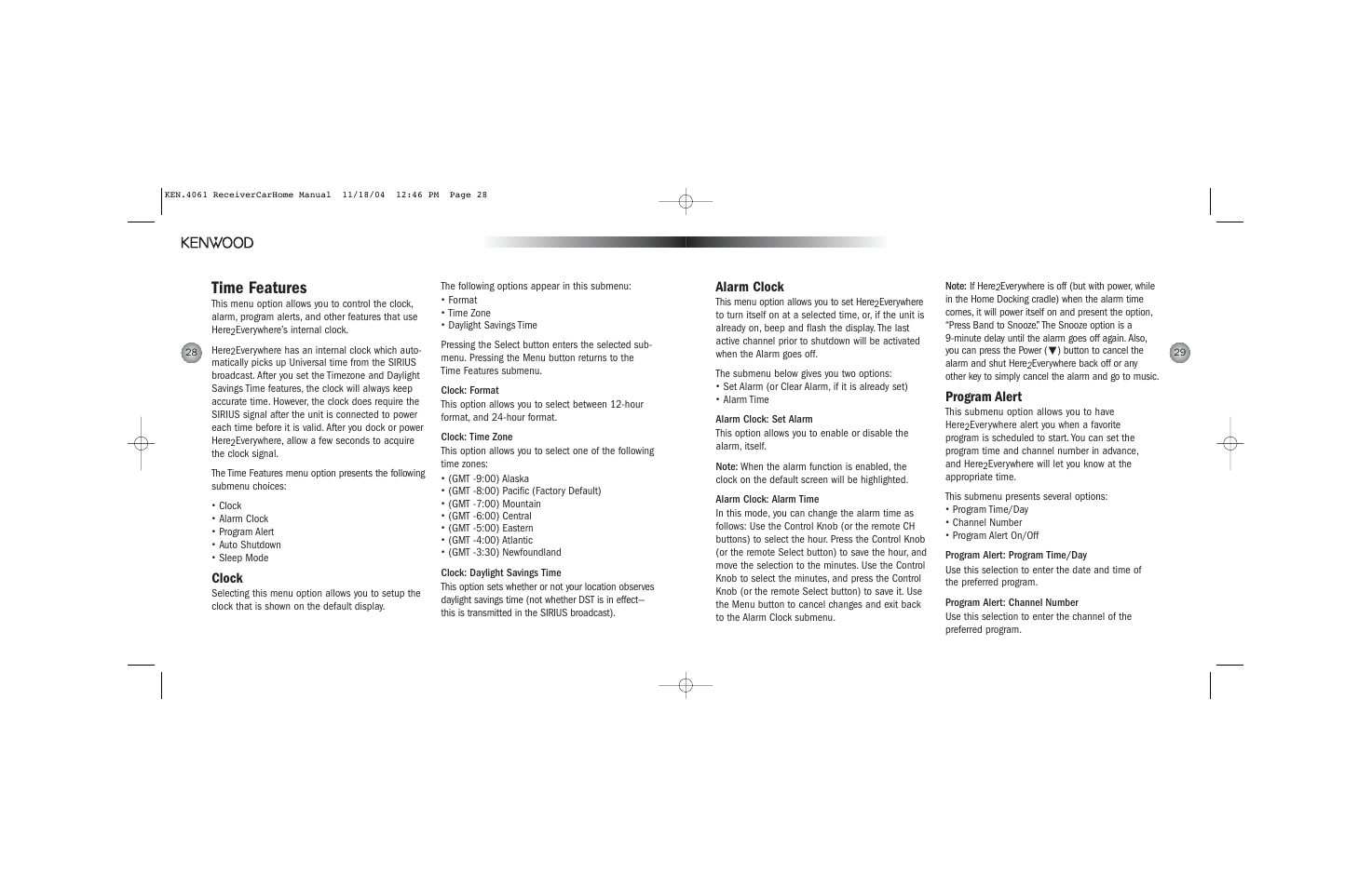 Time features, Clock, Alarm clock | Program alert | Kenwood H2EV User Manual | Page 15 / 17