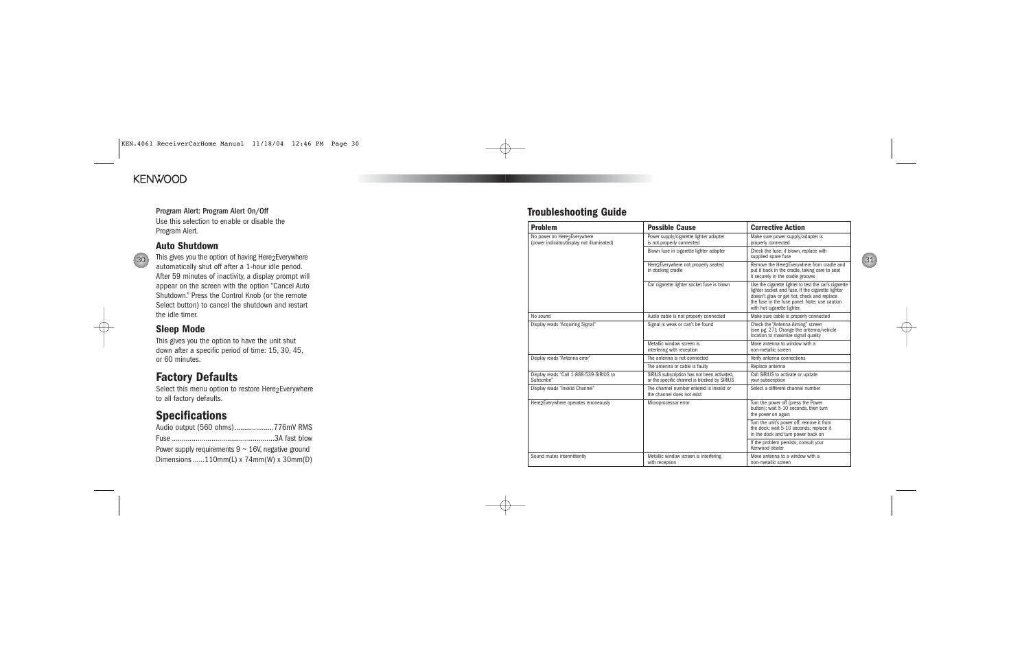 Factory defaults, Specifications, Troubleshooting guide | Auto shutdown, Sleep mode, This gives you the option of having here, Select this menu option to restore here, Everywhere to all factory defaults, Problem possible cause corrective action | Kenwood H2EV User Manual | Page 16 / 17