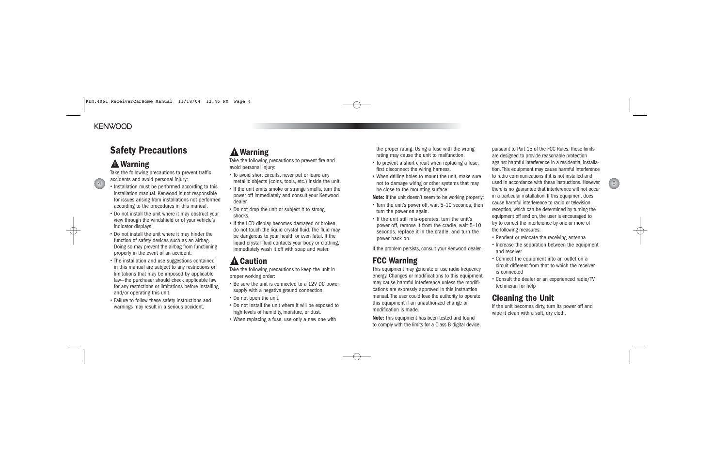 Safety precautions, Fcc warning, Cleaning the unit | Warning, Caution | Kenwood H2EV User Manual | Page 3 / 17