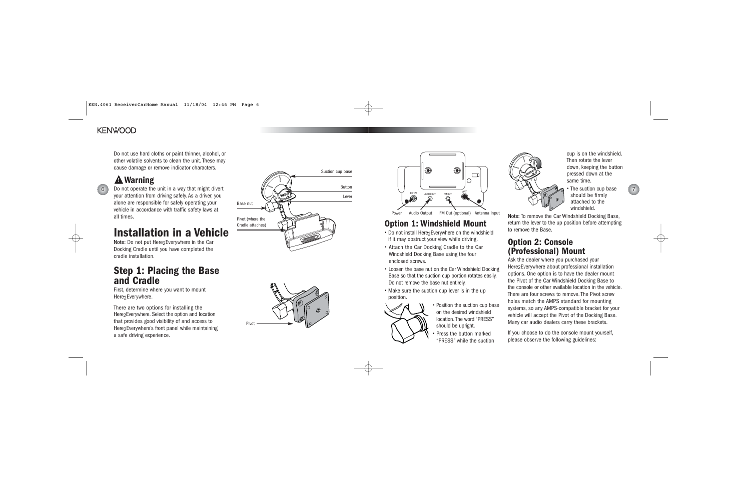 Installation in a vehicle, Step 1: placing the base and cradle, Option 1: windshield mount | Option 2: console (professional) mount, Warning | Kenwood H2EV User Manual | Page 4 / 17