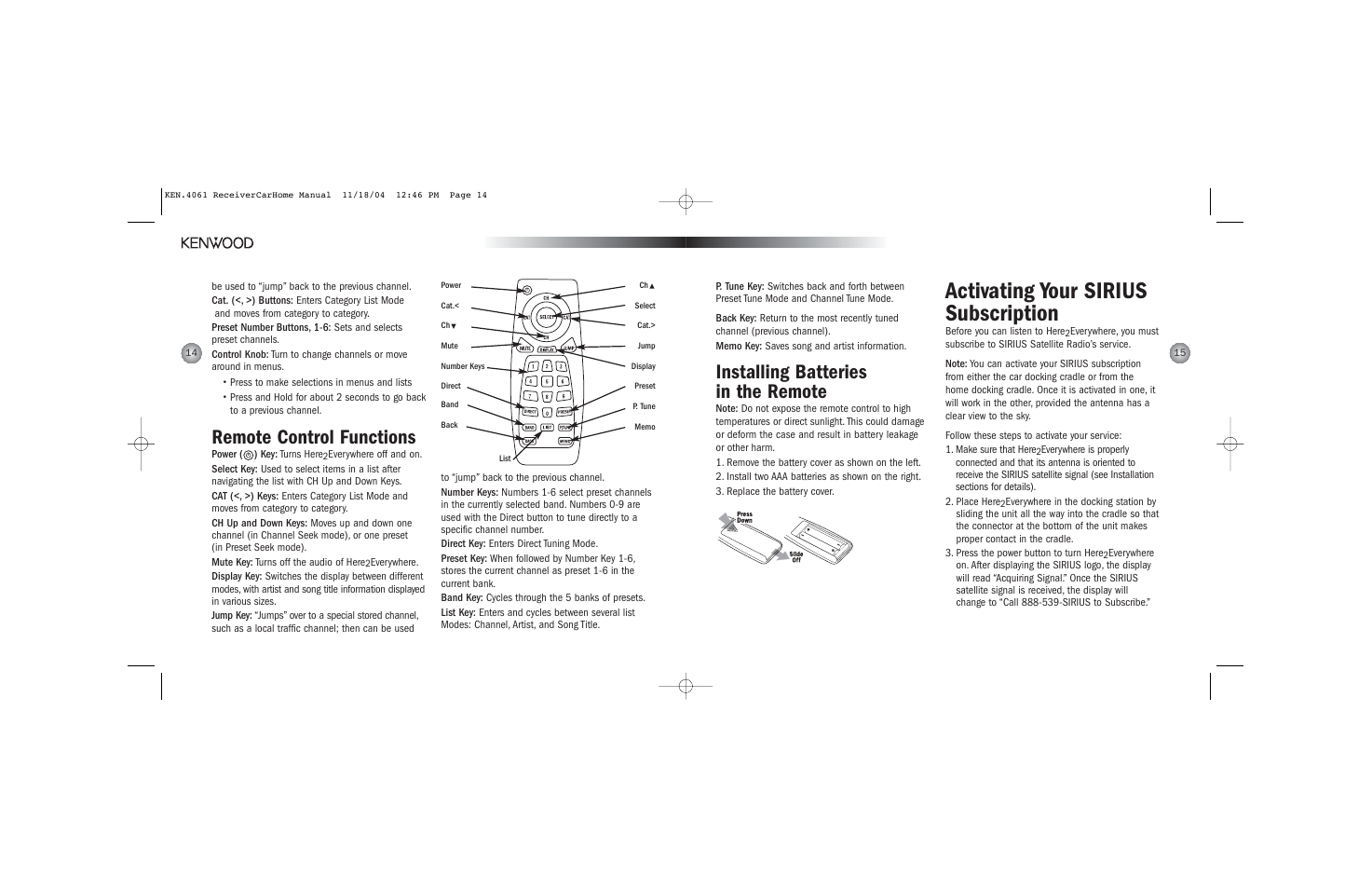 Activating your sirius subscription, Installing batteries in the remote, Remote control functions | Kenwood H2EV User Manual | Page 8 / 17